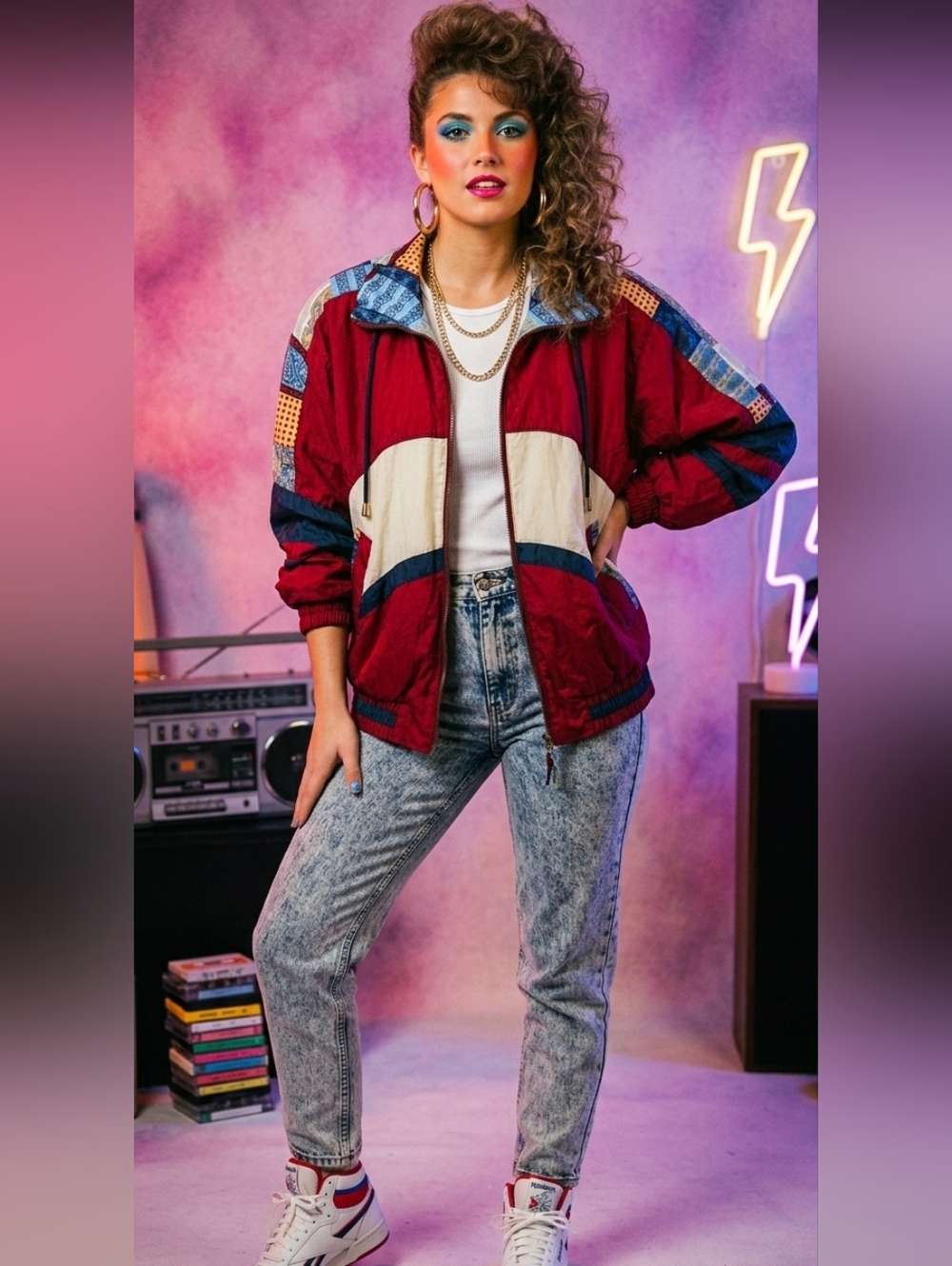 Vtg 80s/90s Windbreaker Jacket Colorful Wine Blue White Gold Womens Sz S EUC